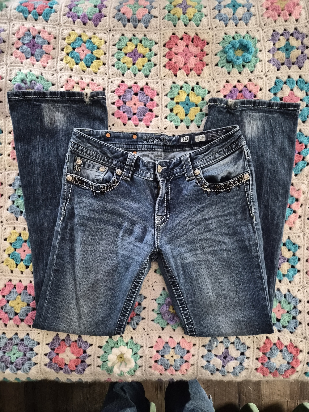Miss Me Dark Medium Blue Bootcut Jeans with Embellished Pockets